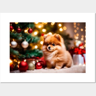 Tiny Pomeranian Puppy Dog by Christmas Tree Posters and Art